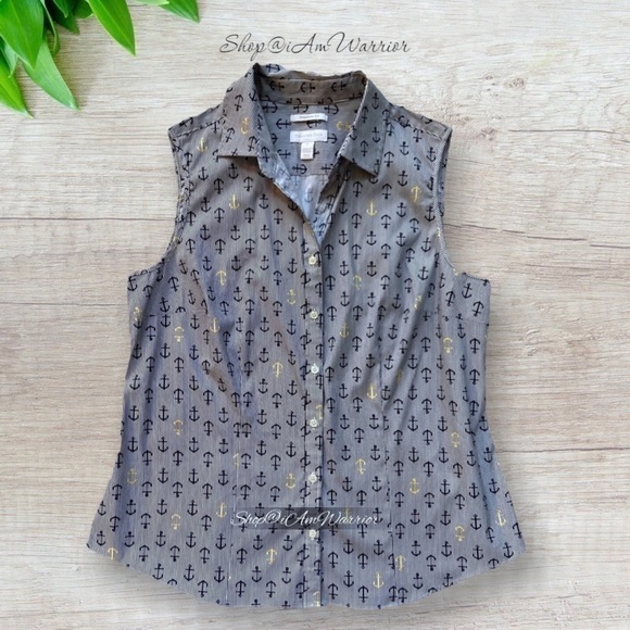 Charter Club pinstripe anchor print collared sleeveless button down top - Picture 3 of 11